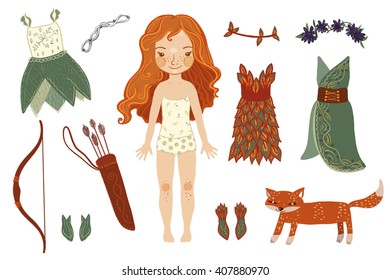 Dress up paper fantasy doll with ginger hair. Fairy dresses, shoes and arrow set. Vector illustration, isolated on a white background.