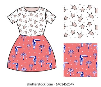 Dress pattern design for girls. Crowns and toucan birds vector seamless pattern mocked up set.