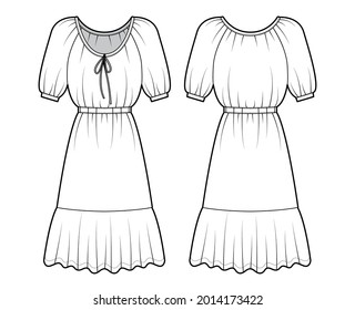 Dress peasant technical fashion illustration with elbow sleeves, fitted body, knee length peplum pencil skirt. Flat apparel front, back, white color style. Women, men unisex CAD mockup