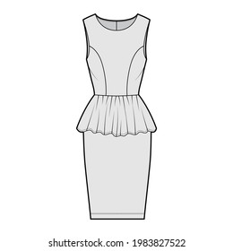 Dress peplum technical fashion illustration with sleeveless, fitted body, knee length sheath skirt, round neck. Flat apparel front, grey color style. Women, unisex CAD mockup