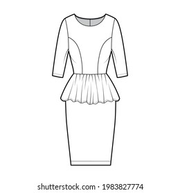 Dress peplum technical fashion illustration with elbow sleeves, fitted body, knee length sheath skirt, round neck. Flat apparel front, white color style. Women, unisex CAD mockup