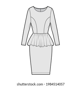 Dress peplum technical fashion illustration with long sleeves, fitted body, knee length sheath skirt, round neck. Flat apparel front, grey color style. Women, unisex CAD mockup