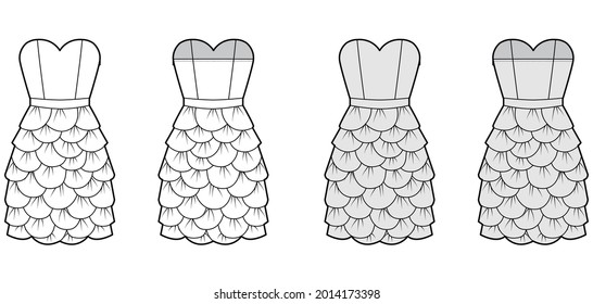 Dress petal chemise technical fashion illustration with strapless, sleeveless, fitted body, knee length skirt. Flat apparel front, back, white, grey color style. Women, men unisex CAD mockup