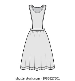 Dress pinafore apron technical fashion illustration with sleeveless, knee length full skirt. Flat apparel front, grey color style. Women, men unisex CAD mockup