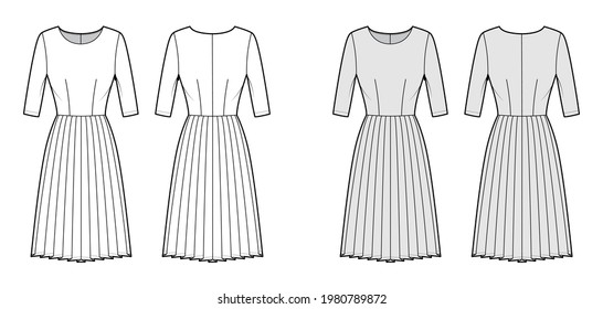 Dress pleated technical fashion illustration with elbow sleeves, fitted body, knee length skirt. Flat apparel front, back, white, grey color style. Women, men unisex CAD mockup