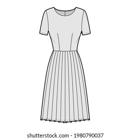 Dress pleated technical fashion illustration with short sleeves, fitted body, knee length skirt. Flat apparel front, grey color style. Women, men unisex CAD mockup