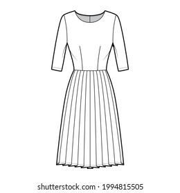 Dress pleated technical fashion illustration with elbow sleeves, fitted body, knee length skirt. Flat apparel front, white color style. Women, men unisex CAD mockup