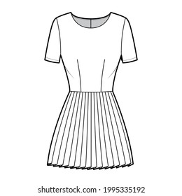 Dress pleated technical fashion illustration with short sleeves, fitted body, mini length skirt. Flat apparel front, white color style. Women, men unisex CAD mockup