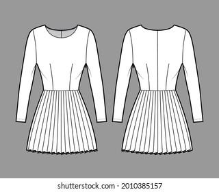Dress pleated technical fashion illustration with long sleeves, fitted body, mini length skirt. Flat apparel front, back, white color style. Women, men unisex CAD mockup