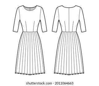 Dress pleated technical fashion illustration with elbow sleeves, fitted body, knee length skirt. Flat apparel front, back, white color style. Women, men unisex CAD mockup