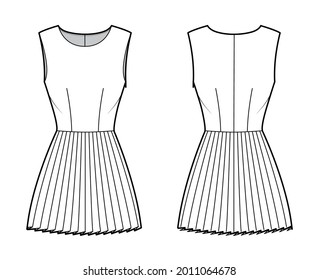 Dress pleated technical fashion illustration with sleeveless, fitted body, mini length skirt. Flat apparel front, back, white color style. Women, men unisex CAD mockup