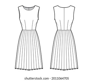 Dress pleated technical fashion illustration with sleeveless, fitted body, knee length skirt. Flat apparel front, back, white color style. Women, men unisex CAD mockup
