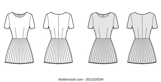 Dress pleated technical fashion illustration with short sleeves, fitted body, mini length skirt. Flat apparel front, back, white, grey color style. Women, men unisex CAD mockup