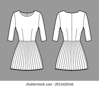Dress pleated technical fashion illustration with elbow sleeves, fitted body, mini length skirt. Flat apparel front, back, white color style. Women, men unisex CAD mockup