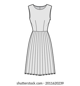 Dress pleated technical fashion illustration with sleeveless, fitted body, knee length skirt. Flat apparel front, grey color style. Women, men unisex CAD mockup
