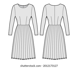 Dress pleated technical fashion illustration with long sleeves, fitted body, knee length skirt. Flat apparel front, back, grey color style. Women, men unisex CAD mockup