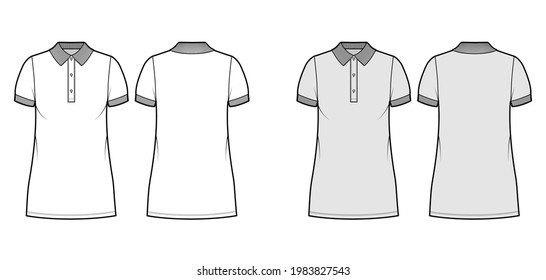 Ilustración de moda de polo de vestir con mangas cortas, cuerpo sobredimensionado, minifalda de lápiz de eslora, cordón de henley. Delantero de ropa plana, de atrás, blanco, de color gris. Mujeres, hombres unisex CAD mockup