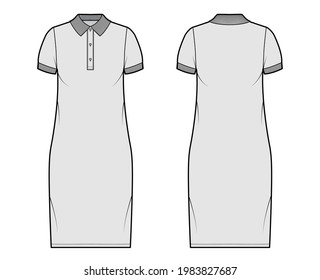 Ilustración de moda de polo de vestir con mangas cortas, cuerpo sobredimensionado, falda de lápiz de longitud de rodilla, cordón de henley. Delantero de ropa plana, detrás, color gris. Mujeres, hombres unisex CAD mockup