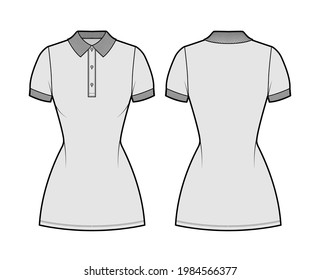 Dress polo fashion illustration with short sleeves, fitted body, mini length pencil skirt, henley neckline. Flat apparel front, back, grey color style. Women, men unisex CAD mockup