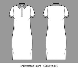 Dress polo fashion illustration with short sleeves, oversized body, knee length pencil skirt, henley neckline. Flat apparel front, back, white color style. Women, men unisex CAD mockup