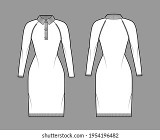 Dress Polo Sweater technical fashion illustration with rib classic collar, long raglan sleeves, slim fit, knee length, knit trim. Flat garment apparel front, back, white color. Women, men CAD mockup