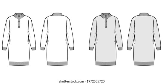 Dress Polo Sweater technical fashion illustration with rib classic collar, long sleeves, relax fit, knee length, knit trim. Flat garment apparel front, back, white grey color. Women, men CAD mockup