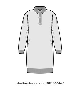 Dress Polo Sweater technical fashion illustration with rib classic collar, long sleeves, relax fit, knee length, knit trim. Flat garment apparel front, grey color style. Women, men CAD mockup