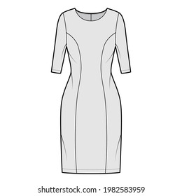 Dress princess line technical fashion illustration with elbow sleeves, fitted body, knee length pencil skirt. Flat apparel front, grey color style. Women, men unisex CAD mockup
