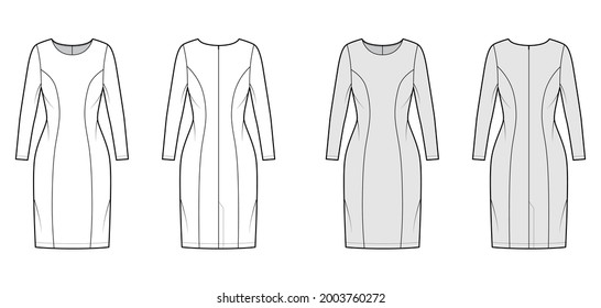 Dress princess line technical fashion illustration with long sleeve, fitted body, knee length pencil skirt. Flat apparel front, back, white, grey color style. Women, men unisex CAD mockup