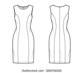 Dress princess line technical fashion illustration with sleeveless, fitted body, knee length pencil skirt. Flat apparel front, back, white color style. Women, men unisex CAD mockup