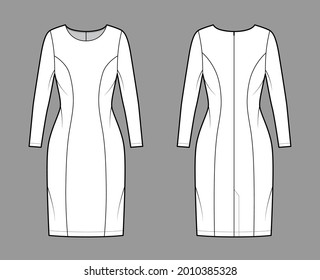 Dress princess line technical fashion illustration with long sleeve, fitted body, knee length pencil skirt. Flat apparel front, back, white color style. Women, men unisex CAD mockup