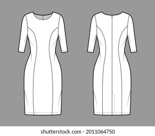 Ilustración técnica de la línea princesa de vestir con mangas codo, cuerpo empotrado, falda de lápiz de la longitud de la rodilla. Delantero de ropa plana, espalda, color blanco. Mujeres, hombres unisex CAD mockup