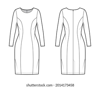 Dress princess line technical fashion illustration with long sleeve, fitted body, knee length pencil skirt. Flat apparel front, back, white color style. Women, men unisex CAD mockup