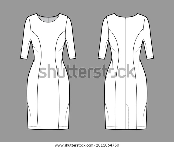 Dress\
princess line technical fashion illustration with elbow sleeves,\
fitted body, knee length pencil skirt. Flat apparel front, back,\
white color style. Women, men unisex CAD\
mockup