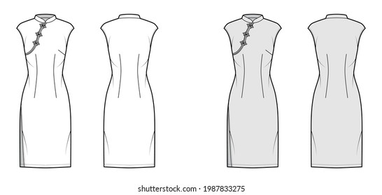 Kleid qipao cheongsam technische Mode Illustration mit kurzen Ärmeln, Einbaukörper, Knieständer Stift Rock. Flache Bekleidung vorne, hinten, weiß, grau. Frauen, Männer ohne Ex-CAD-Modell