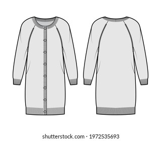 Dress Round neck cardigan sweater technical fashion illustration with long raglan sleeves, knee length, knit rib cuff. Flat jumper apparel front, back, grey color style. Women, men unisex CAD mockup