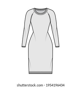 Dress Round neck Sweater technical fashion illustration with long raglan sleeves, fitted body, knee length, knit rib trim. Flat jumper apparel front, grey color style. Women men unisex CAD mockup