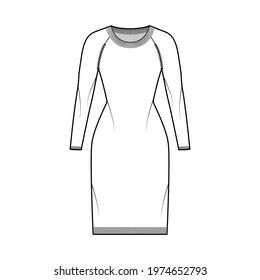 Dress Round neck Sweater technical fashion illustration with long raglan sleeves, fitted body, knee length, knit rib trim. Flat jumper apparel front, white color style. Women men unisex CAD mockup