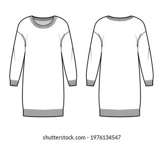 Dress Round neck Sweater technical fashion illustration with dropped shoulder long sleeves, relax body, knee length. Flat jumper apparel front, back, white color style. Women men unisex CAD mockup