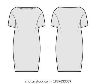 Dress sack slouchy technical fashion illustration with short sleeves, oversized body, knee length pencil skirt. Flat apparel front, back, grey color style. Women, men unisex CAD mockup