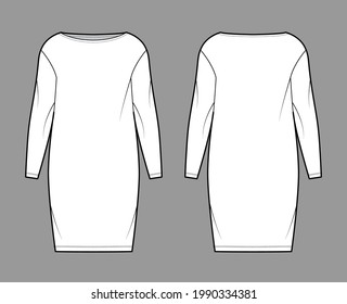 Dress sack slouchy technical fashion illustration with long sleeves, oversized body, knee length pencil skirt. Flat apparel front, back, white color style. Women, men unisex CAD mockup