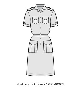 Dress safari technical fashion illustration with short sleeves, flap cargo pockets, epaulettes, fitted body, knee length. Flat apparel front, grey color style. Women, men unisex CAD mockup