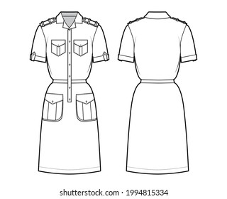 Dress safari technical fashion illustration with short sleeves, flap cargo pockets, epaulettes, fitted body, knee length. Flat apparel front, back, white color style. Women, men unisex CAD mockup
