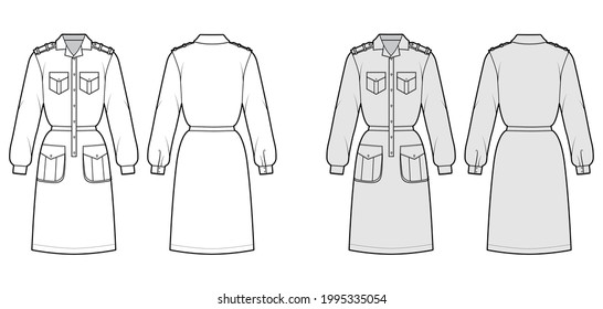 Dress safari technical fashion illustration with long sleeves with cuff, flap cargo pockets, fitted body, knee length. Flat apparel front, back, white, grey color style. Women, men unisex CAD mockup