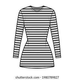 Dress sailor technical fashion illustration with stripes, long sleeves, fitted body, mini length pencil skirt. Flat apparel front, grey color style. Women, men unisex CAD mockup