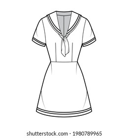 Dress sailor technical fashion illustration with short sleeve, fitted body, middy collar, stripes, mini length pencil skirt. Flat apparel front, white color style. Women, men unisex CAD mockup