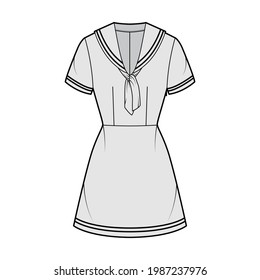 Dress sailor technical fashion illustration with short sleeve, fitted body, middy collar, stripes, mini length pencil skirt. Flat apparel front, grey color style. Women, men unisex CAD mockup