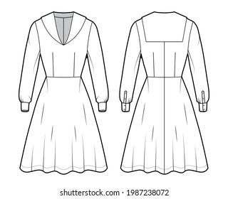 Dress sailor technical fashion illustration with middy collar, long sleeve with cuff, fitted body, knee length circular skirt. Flat apparel front, back, white color style. Women, men unisex CAD mockup