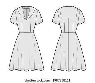 Dress sailor technical fashion illustration with middy collar, short sleeve, fitted body, knee length circular skirt. Flat apparel front, back, grey color style. Women, men unisex CAD mockup