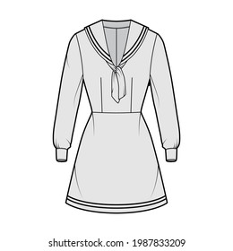 Dress sailor technical fashion illustration with long sleeve with cuff, fitted body, middy collar, stripes, mini length. Flat apparel front, grey color style. Women, men unisex CAD mockup